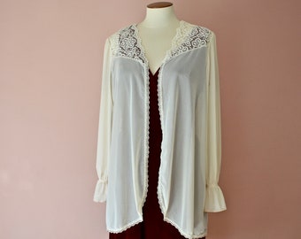 Vintage Ivory Sheer Cardigan. Poet Sleeves.  Lace Yoke. Mesh Open Cardigan.  Petra Fashions.  Modern Size Large 14 16  - VTB78