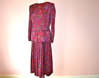 Maroon Silk Dress Set.  Charter Club Paisley Pleated Skirt with Matching Blouse.  Size 10 Medium Large  - VDS106