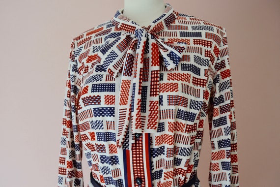 Shirt Dress w Pussy Bow.70s Red White and Blue Sl… - image 3