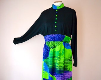 1970s Psychedelic Tori Richard Maxi Dress.  Black Neon Green Purple Blue.  Modern US  Size 8 Small 10 12 Medium  - VDS217