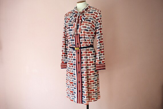 Shirt Dress w Pussy Bow.70s Red White and Blue Sl… - image 1