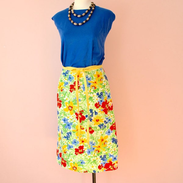 1970's Preppy Reversible Wrap skirt.  Marimeko Style Print.  Yellow Twill. Modern Small Medium -VDS187