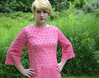 1960s Modest Cocktail Dress.  Pink Illusion Crochet Lace Dress.  Dead Stock. Modern Size Small Medium - VDS55