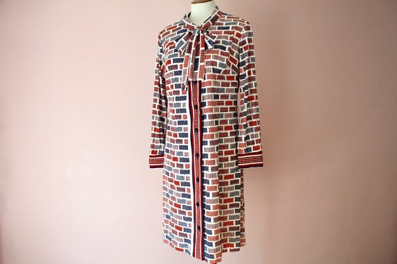Shirt Dress w Pussy Bow.70s Red White and Blue Sl… - image 4