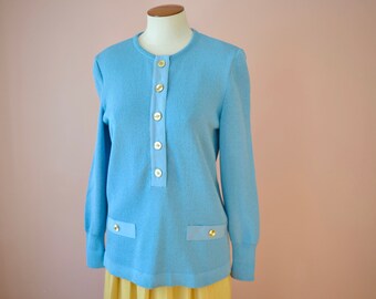 Vintage 1970s Castleberry Knit Blue Tunic.  Dacron Knit.  Pullover Sweater. Slim Tunic. Gross Grain Ribbon. - Modern Size Small Med - VTB69