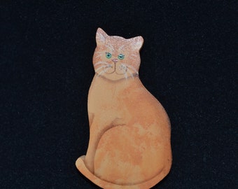 Orange Cat Pin.  Vintage Hand Painted Brooch. Orange Tabby. Wood Brooch.Cat Lover Gift.Crazy Cat Lady.Hand Made Jewelry Signed by Artist.VJ8