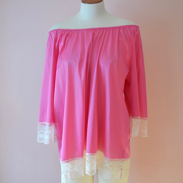 Off Shoulders Vintage 1970s  MuuMuu Top. Pink Lacy Boho Tunic.  Babydoll Nightgown.  Modern Size Small Medium Large XL Plus - VTB76