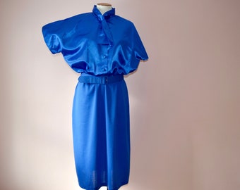 Cobalt Blue Satin and Jersey Knit Dress with Belt VDS235