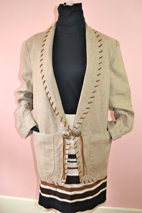 Vintage LagenLook Linen Blazer with Leather Whip … - image 2