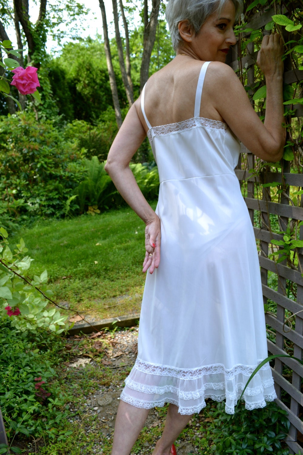 Flouncy 1950's White Slip Dress. Vintage Lingerie. Chiffon and Lace