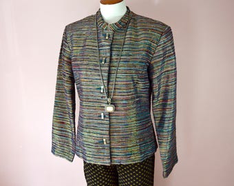 Tribal Sparkly Multi Color Nehru Jacket. Striped Rough Silk & Lame.Ethnic. Shell Buttons. Patchington.  Modern Size 6. Size Small VTB56