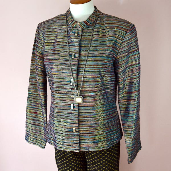 Tribal Sparkly Multi Color Nehru Jacket. Striped Rough Silk & Lame.Ethnic. Shell Buttons. Patchington.  Modern Size 6. Size Small VTB56