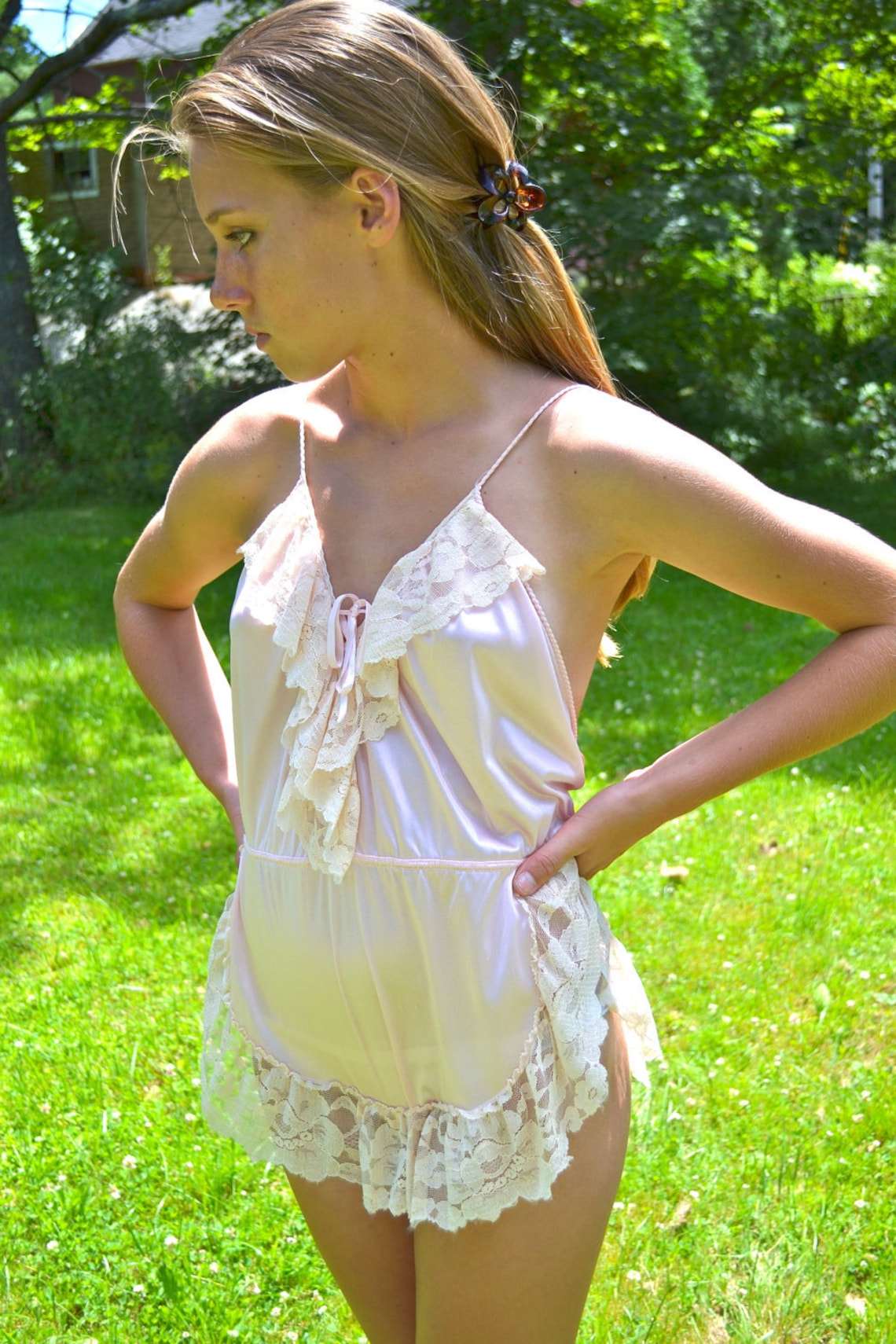 Vintage Lingerie Boho Pink Satin Teddy 3 Ecru Lace Etsy