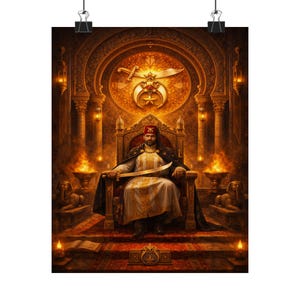 May include: A digital art print depicting a man seated on a throne in an ornate, golden chamber. He wears a red fez, white and gold robes, and a black cape, holding a curved sword. The background features a golden emblem and burning flames.