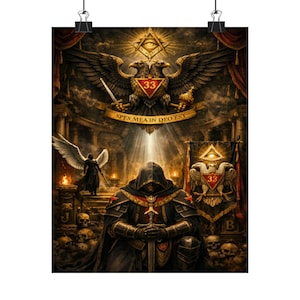 May include: A digitally created poster featuring a hooded figure kneeling with a sword, set in a gothic interior. The artwork includes a double-headed eagle emblem, the number 33, and the Latin phrase "SPES MEA IN DEO EST".