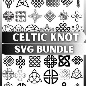 May include: A collection of black and white Celtic knot designs. The image includes various intricate knot patterns, a Celtic cross, and the text "Celtic Knot SVG Bundle". These designs are suitable for digital art projects.