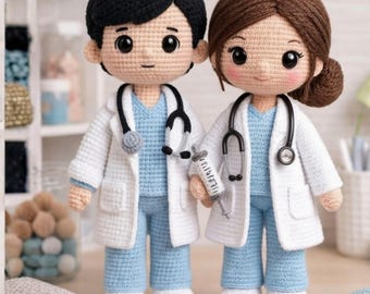 Patrón de muñeco de médico y enfermera a crochet (PDF), amigurumi, atuendo médico, ropa, tutorial imprimible