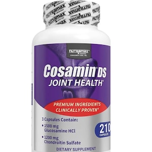 May include: A white bottle of Cosamin DS Joint Health capsules. The label is purple and features the brand name and product information. The bottle contains 210 capsules and lists the ingredients: Glucosamine HCl and Chondroitin Sulfate.
