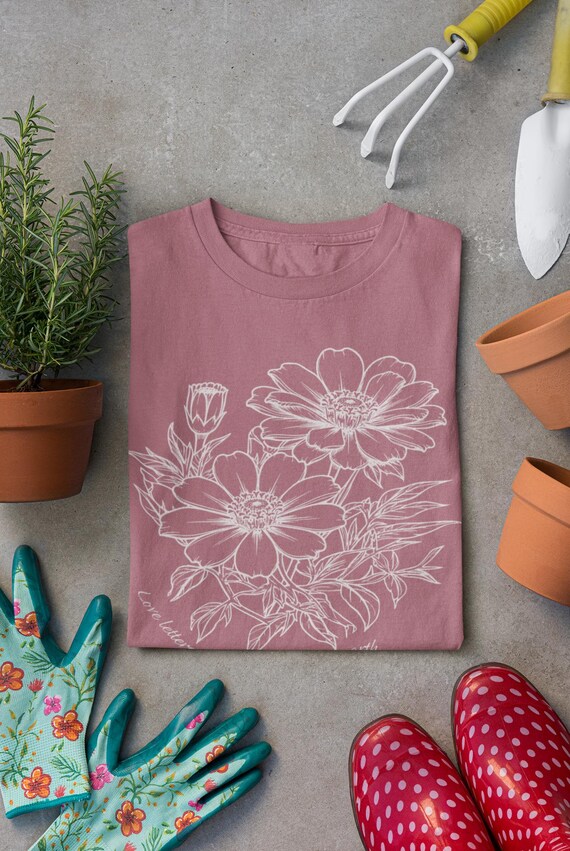 Hand-Drawn Zinnia Wildflowers T-Shirt | Minimal Line Art Floral Tee