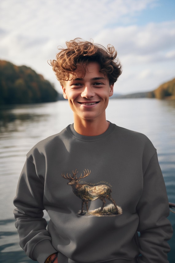 Stag Forest Silhouette Sweatshirt | Minimalist Woodland Deer Crewneck, Cabin Outdoor Wear
