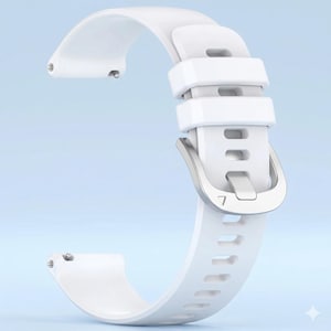 May include: A white watch band with a silver buckle. The band is made of a flexible material and features a series of rectangular holes for adjustment. The buckle has the number 7 engraved on it. The band is shown against a light blue background.