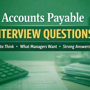 May include: A green background with the text "Accounts Payable INTERVIEW QUESTIONS" in white and yellow. Below the title are the phrases "How to Think", "What Managers Want", and "Strong Answers". A calculator and documents are in the foreground.