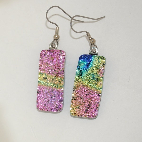 Earrings Sparkling Dichroic Fused Glass Pink Yellow Blue Earrings