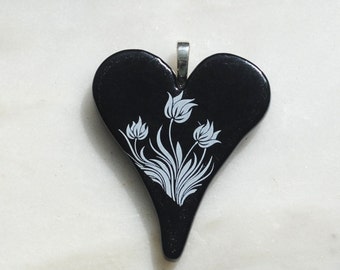 Heart Flower Necklace Black Heart Fused Glass Heart Pendant OOAK