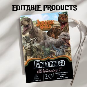 May include: A colorful invitation featuring various dinosaurs from Jurassic World. The invitation includes the text "Emma Is Turning 7" and event details. The words "EDITABLE PRODUCTS" and "JURASSIC WORLD" are also visible.