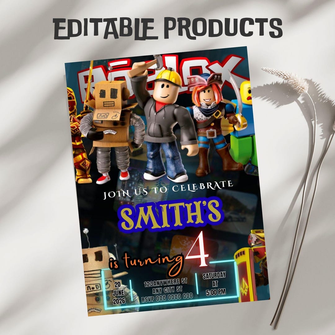 Editable and Printable Roblox Birthday Party Card Invitation Template ...
