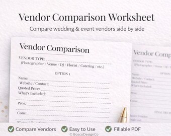 Wedding Vendor Comparison Checklist  | Printable Vendor Decision PDF