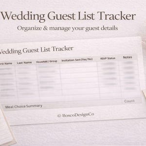 May include: A wedding guest list tracker with the text "Wedding Guest List Tracker" and "Organize & manage your guest details". The tracker includes fields for first name, last name, RSVP status, and notes. Gold paper clips, a pen, and wedding rings are also visible.