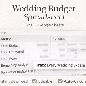 May include: A digital wedding budget spreadsheet with the title "Wedding Budget Spreadsheet" and the text "Excel + Google Sheets". The spreadsheet includes sections for metrics and amounts, with the option to track every wedding expense. Features include instant download, editability, and auto-calculating.