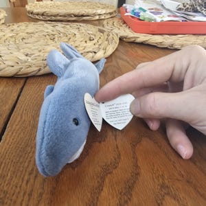 Puede incluir: Un pequeño juguete de peluche de tiburón azul con vientre blanco y ojo negro. El juguete tiene una etiqueta con el nombre "Crunch" y el número de estilo 4130. El tiburón está hecho de material suave.