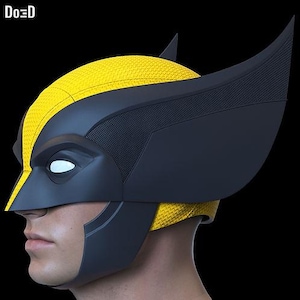 May include: A yellow and black Wolverine mask, with a textured yellow top and sleek black accents. The mask features pointed ear-like extensions and a distinctive eye shape, set against a black background.