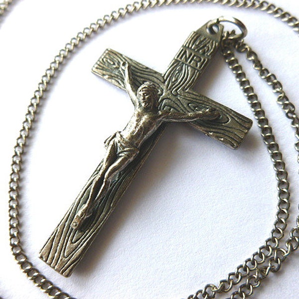 Classic Antiqued Silvertone Crucifix Cross from Italy & Long Neck Chain Vintage Cross Necklace