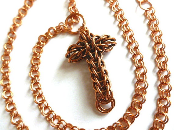 Gold Cross Necklace Roblox Copper Cross Necklace Chain Maille Vintage Handmade Cross Etsy