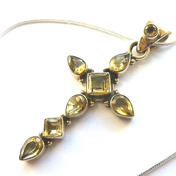 RESERVIERT für DEBORAH CIitrine Sterling Silber Kreuz, 925 Sterling Silber Jahrgang Citrin Kreuz Anhänger, Edelstein Vintage Kreuz, Citrin Edelstein