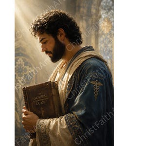 Op de afbeelding: Een bebaard persoon met donker krullend haar draagt een blauw en beige gewaad en houdt een bruin boek vast met de titel The Gospel According to Luke. De mouw heeft een geborduurd gouden caduceus-symbool en de tekst Saint Luke Physician.