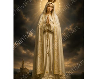 Può includere: Una stampa religiosa raffigurante una figura con una lunga veste e un mantello bianco con ricami dorati, che indossa una corona, con le mani giunte in preghiera mentre tiene un rosario. Un alone luminoso circonda la testa su un cielo nuvoloso.