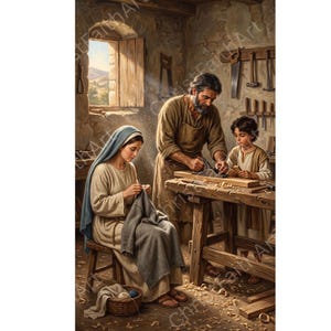 May include: A digital illustration depicting a workshop scene with a person in a blue head covering knitting with grey fabric while seated on a wooden stool. Nearby, a person works with a hand plane on a wooden board, and a child observes.