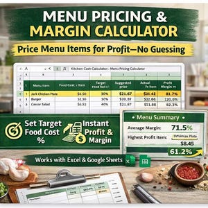 May include: An image of a menu pricing and margin calculator, with the text "Price Menu Items for Profit - No Guessing." The image shows a spreadsheet with menu items, food costs, and profit margins. A menu summary displays average margin and highest profit item.