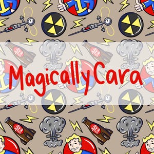 May include: A repeating pattern featuring cartoon illustrations of a superhero, atomic symbols, syringes, lightning bolts, mushroom clouds, and rocket-shaped bottles. The text "Magically Cara" is overlaid in red.