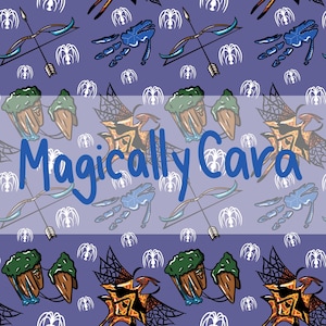 May include: A repeating pattern on a purple background features fantasy-themed illustrations. The design includes bows and arrows, blue dragon-like creatures, and stylized tree-like shapes. The text "Magically Cara" is written in blue.
