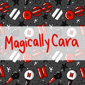 May include: A dark gray background featuring a repeating pattern of red and white circular icons, black and white stars, and red and white microphones. The text MagicallyCara is written in red across the center of the image over a white overlay.