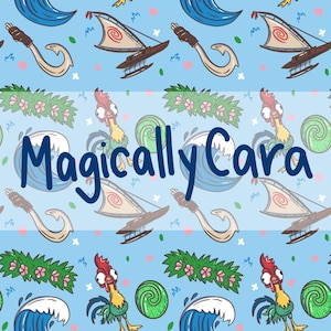 May include: A light blue fabric pattern featuring repeating illustrations of brown fishhooks, sailboats with white sails, green leafy garlands with pink flowers, blue ocean waves, and a rooster, with the text MagicallyCara in dark blue.