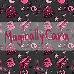 May include: A repeating pattern featuring pink illustrations of Darth Vader's helmet, spaceships, stars, and the Death Star on a dark gray background. The text "Magically Cara" is overlaid on the image.