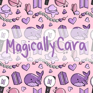 May include: A pink pattern featuring various purple and pink illustrations. The design includes hearts, butterflies, whales, and the text "BORAHAE". The words "Magically Cara" are also present. The overall theme is cute and whimsical.