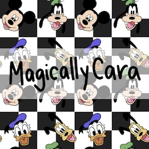 May include: A repeating pattern featuring Mickey Mouse, Goofy, and Donald Duck on a black and white checkered background. The text "Magically Cara" is overlaid on the design. The characters are in their classic cartoon styles.