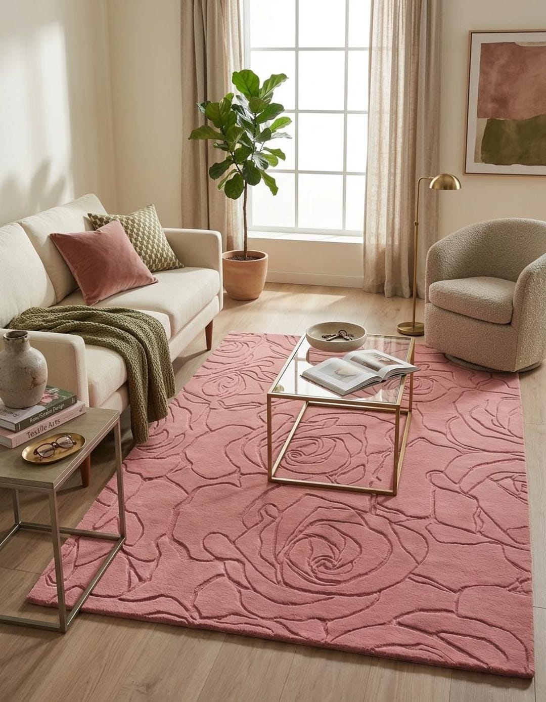 Handmade Sculpted Botanical Floral Wool Rug – Dusty Rose Pink Area ...